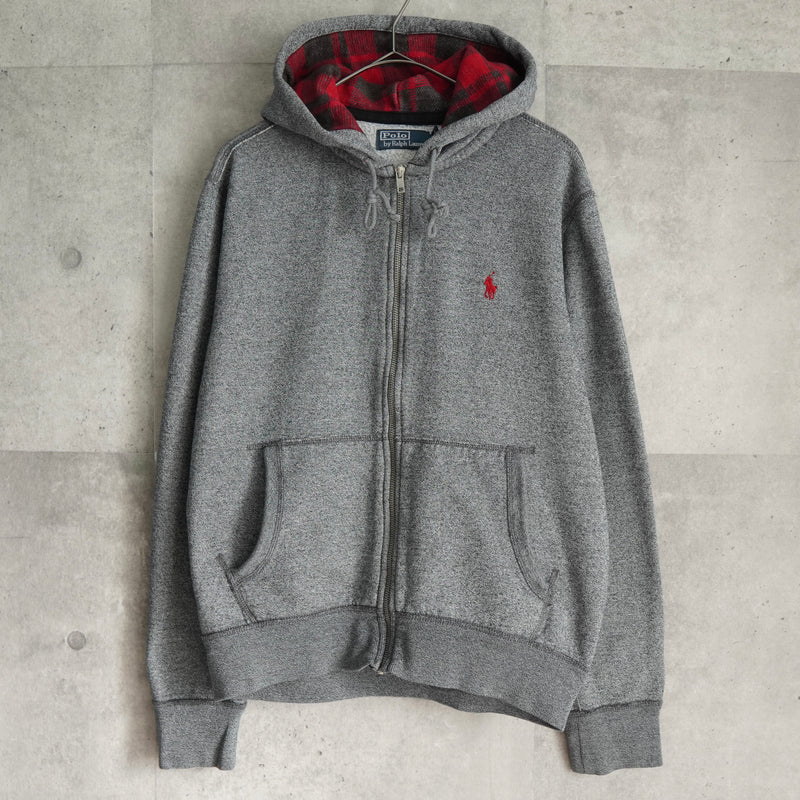 ポロ ラルフローレン スモールポニーロゴ チェック柄 フルジップ パーカー グレー