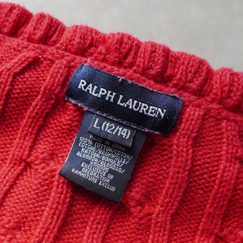ポロ ラルフローレン フリル ケーブル編み コットン ニット カーディガン レッド レディース