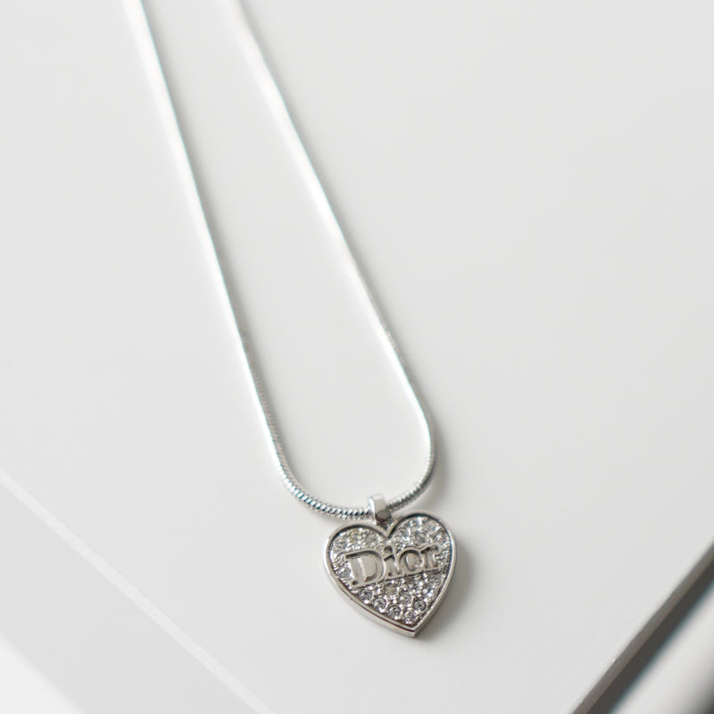 Dior Logo Heart Motif Rhinestone Silver Necklace