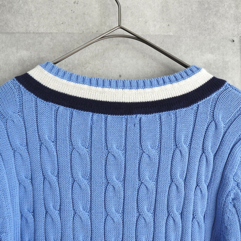 ローレン ラルフローレン ロゴ Vネック ケーブル編み チルデンニット ライトブルー レディース