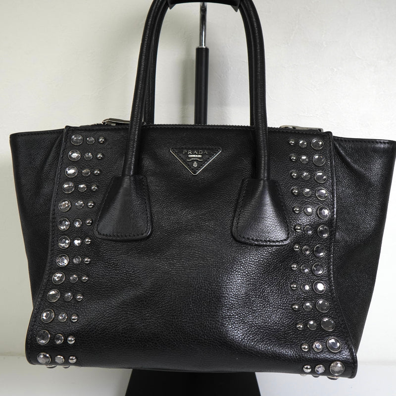 プラダ レザー ビジュー スタッズ 2way ハンドバッグ ショルダーバッグ ブラック