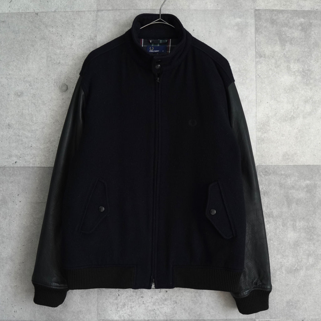 フレッドペリー ロゴ刺繍 レザー切り替え ウールブルゾン ブラック