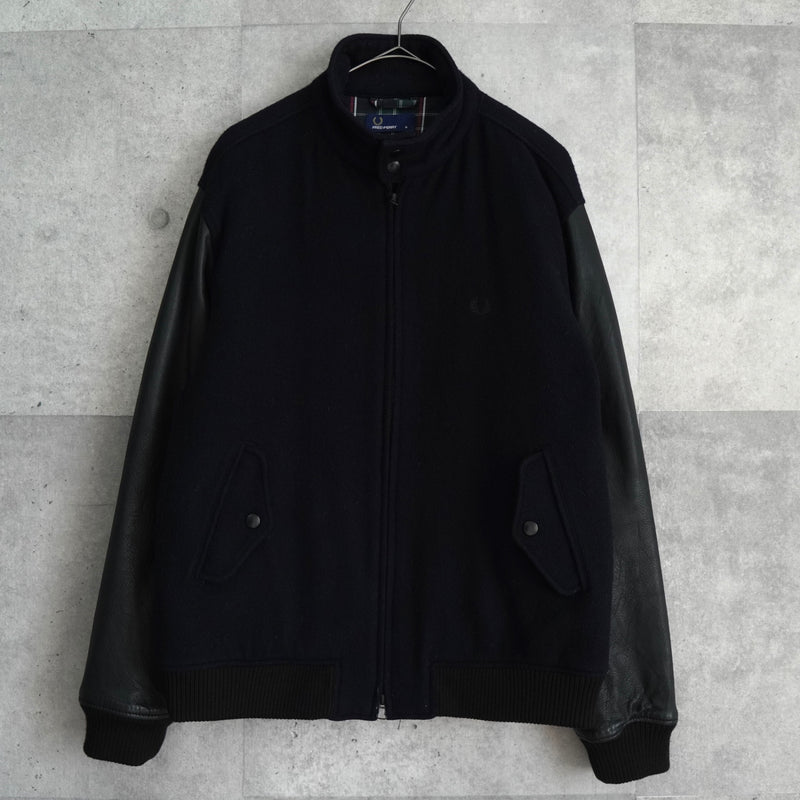 フレッドペリー ロゴ刺繍 レザー切り替え ウールブルゾン ブラック