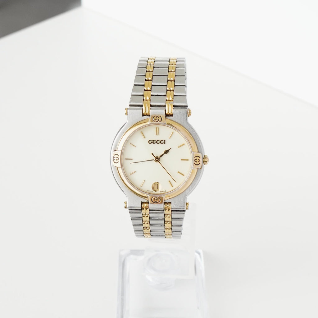 Gucci 9000M 不锈钢 x GP 石英腕表，象牙色表盘，男式，含盒，已更换电池