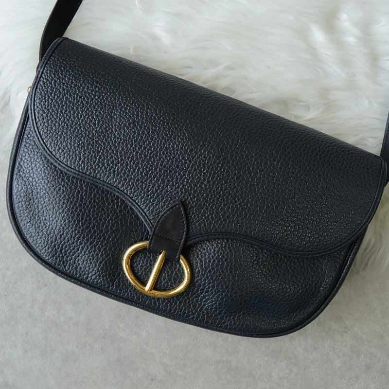 Christian Dior CD logo gold hardware leather shoulder bag navy