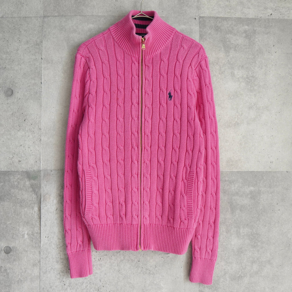 ポロ ラルフローレン スモールポニーロゴ ケーブル編み フルジップ ニット ピンク レディース