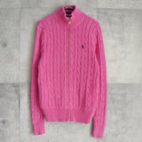 ポロ ラルフローレン スモールポニーロゴ ケーブル編み フルジップ ニット ピンク レディース