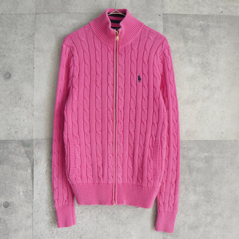 ポロ ラルフローレン スモールポニーロゴ ケーブル編み フルジップ ニット ピンク レディース