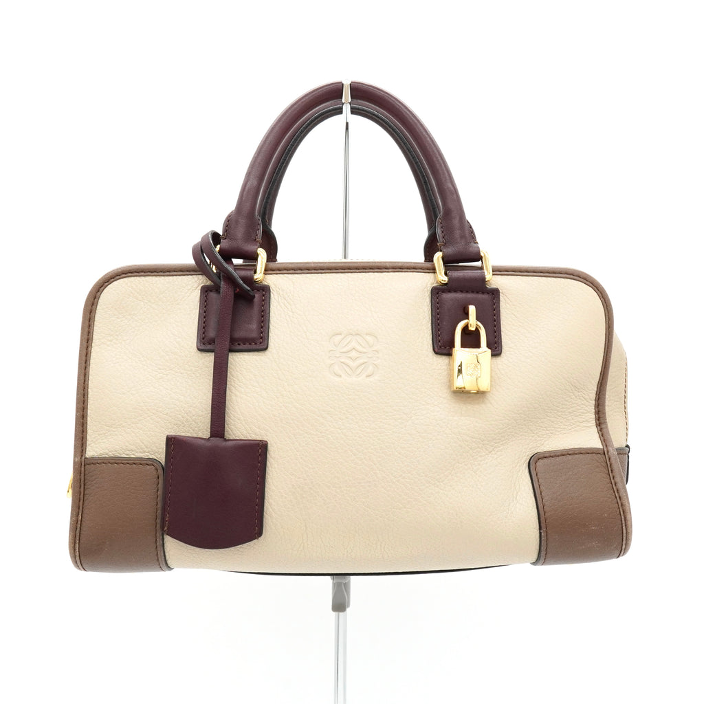 ロエベ アマソナ28 レザー バイカラー ハンドバッグ ベージュ / ブラウン