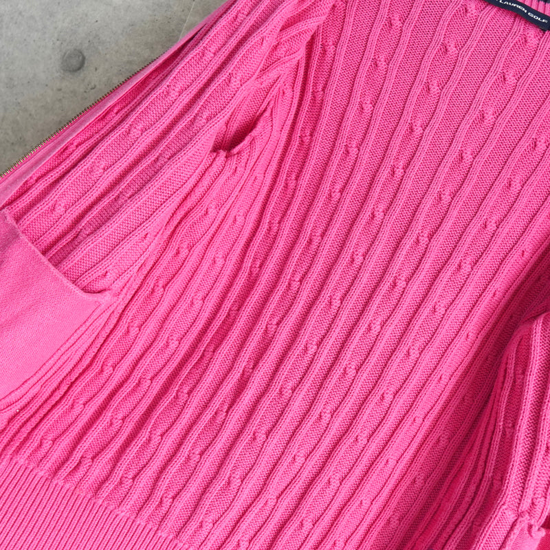 ポロ ラルフローレン スモールポニーロゴ ケーブル編み フルジップ ニット ピンク レディース