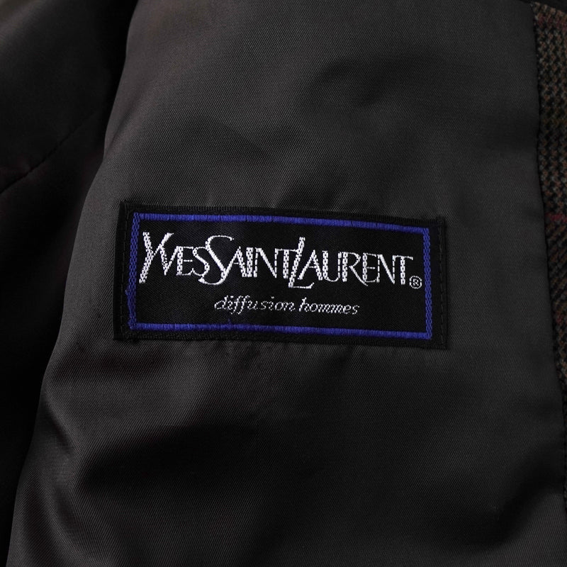 イヴサンローラン ヴィンテージ YSLロゴ ボタン チェック柄 ベロア テーラードジャケット ブラウン