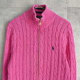 ポロ ラルフローレン スモールポニーロゴ ケーブル編み フルジップ ニット ピンク レディース