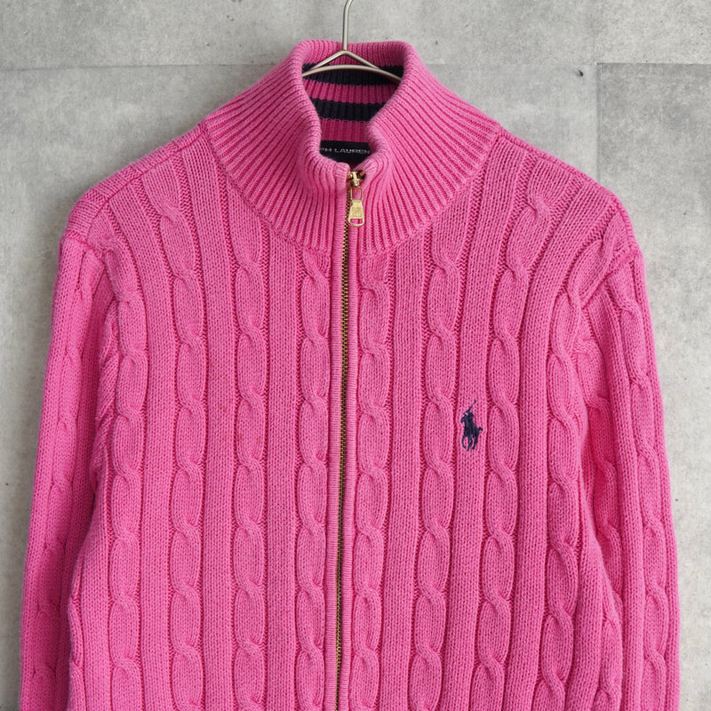 ポロ ラルフローレン スモールポニーロゴ ケーブル編み フルジップ ニット ピンク レディース