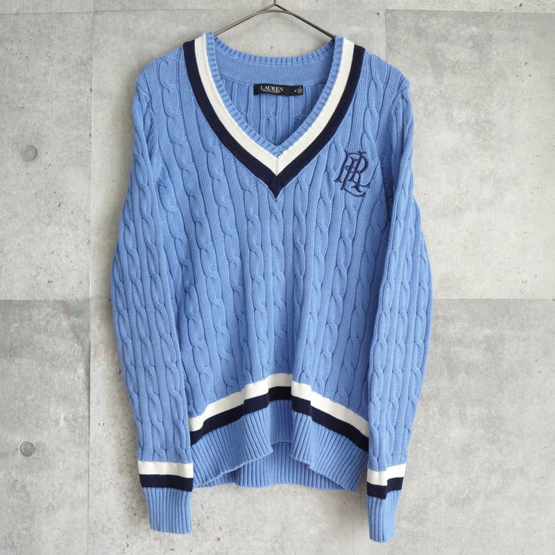ローレン ラルフローレン ロゴ Vネック ケーブル編み チルデンニット ライトブルー レディース