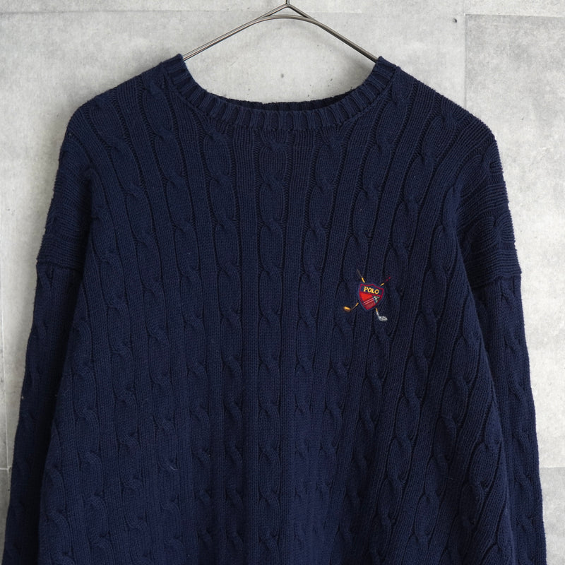 ポロ ゴルフ ラルフローレン ワンポイント ロゴ ケーブル編み ニット ネイビー