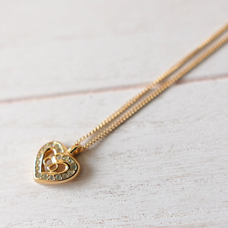 Heart Motif Rhinestone Gold Necklace & Earring