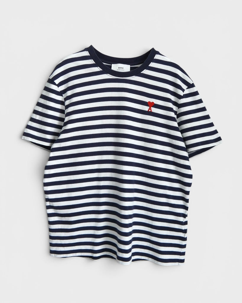 アミパリ アミ パリス ハートロゴ ボーダー Tシャツ ネイビー / ホワイト Lサイズ メンズ レディース