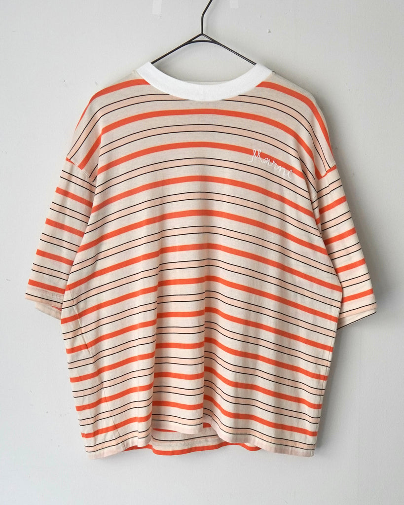 マルニ 筆記体ロゴ ボーダー オーバーサイズ Tシャツ ホワイト マルチカラー オレンジ M メンズ レディース