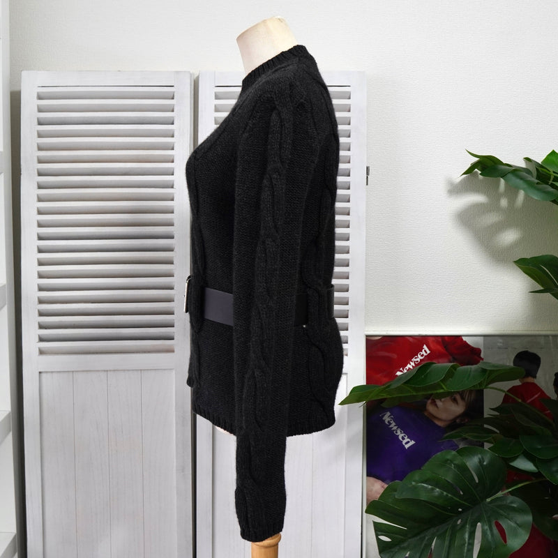 セリーヌ ヴィンテージ カシミア ケーブル ニット レディース チャコールグレー レザー ウエストベルト付き
