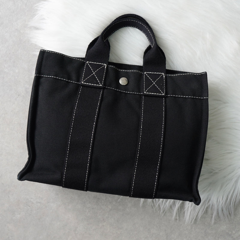 エルメス ドーヴィルPM キャンバス ハンドバッグ ブラック / ホワイトステッチ