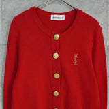 イヴサンローラン ヴィンテージ YSLロゴ 金ボタン コットン カーディガン レッド レディース