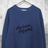 メゾン キツネ 筆記体ロゴ ワッフル ニット ブルー