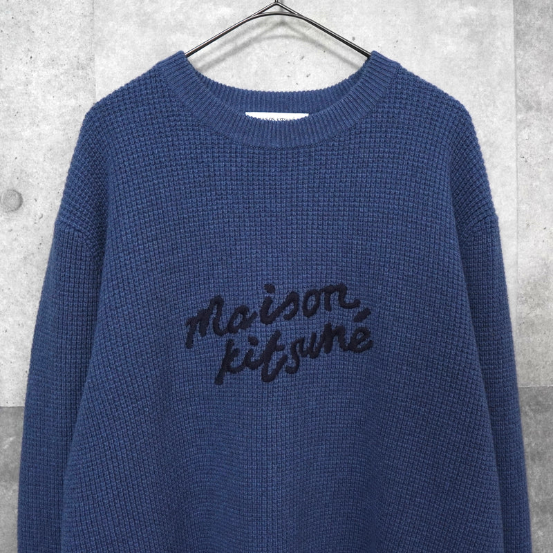メゾン キツネ 筆記体ロゴ ワッフル ニット ブルー
