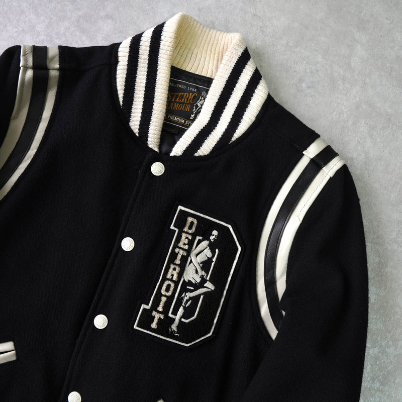 ヒステリックグラマー ガール ワッペン レザー切り替え ウール スタジャン ブラック