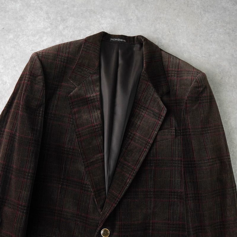 イヴサンローラン ヴィンテージ YSLロゴ ボタン チェック柄 ベロア テーラードジャケット ブラウン