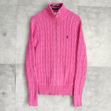 ポロ ラルフローレン スモールポニーロゴ ケーブル編み フルジップ ニット ピンク レディース