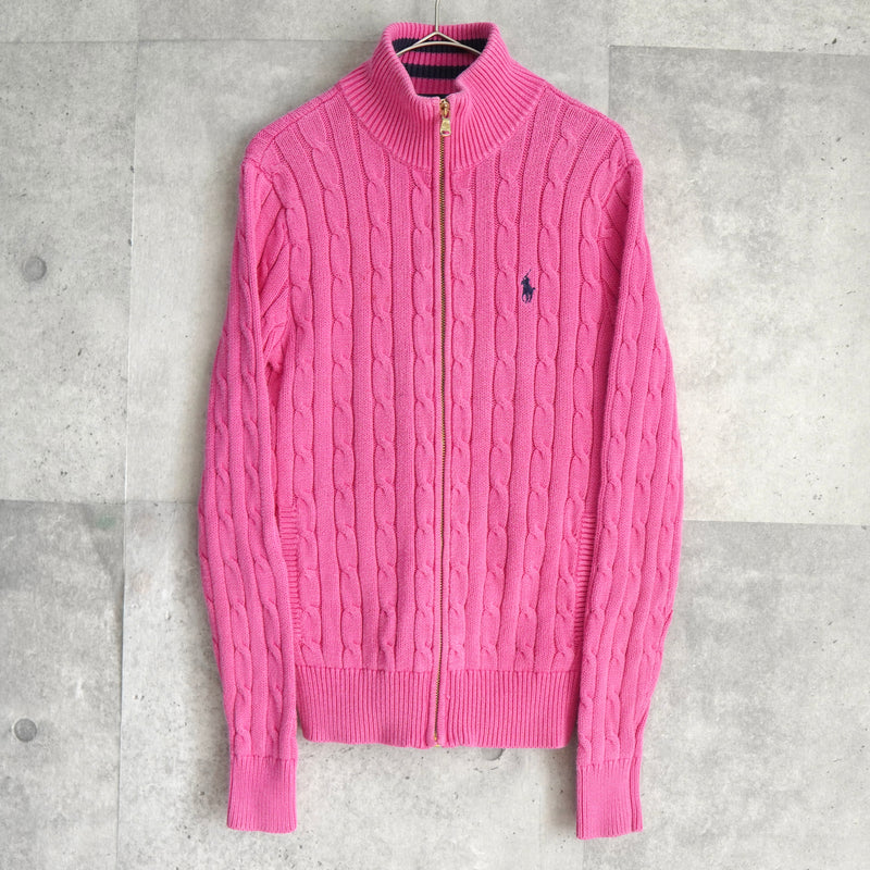 ポロ ラルフローレン スモールポニーロゴ ケーブル編み フルジップ ニット ピンク レディース