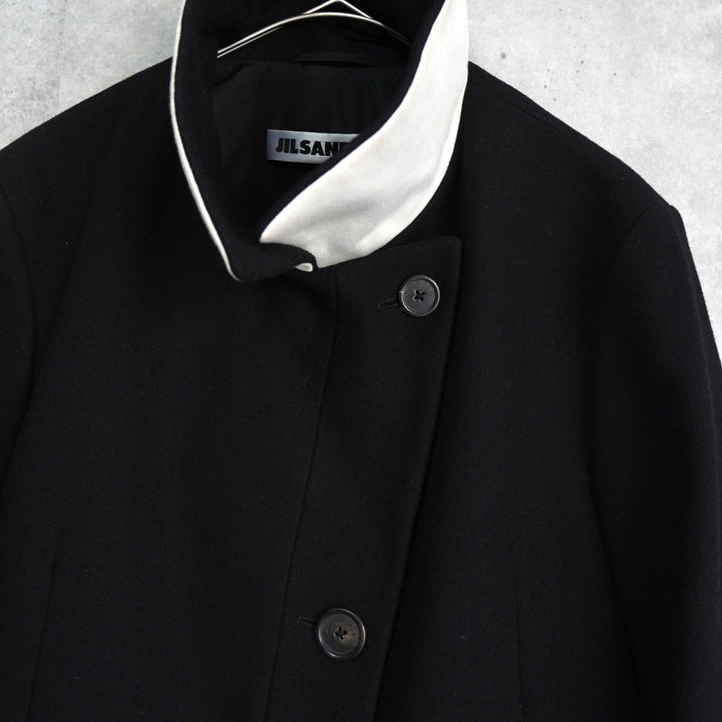 ジルサンダー レザー切り替え 変形 前立て ウールコート レディース ブラック / ホワイト