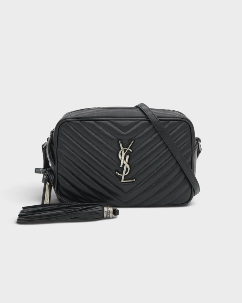 サンローラン パリ ルー YSLロゴ Vステッチ レザー フリンジ ショルダーバッグ ブラック 520534 レディース