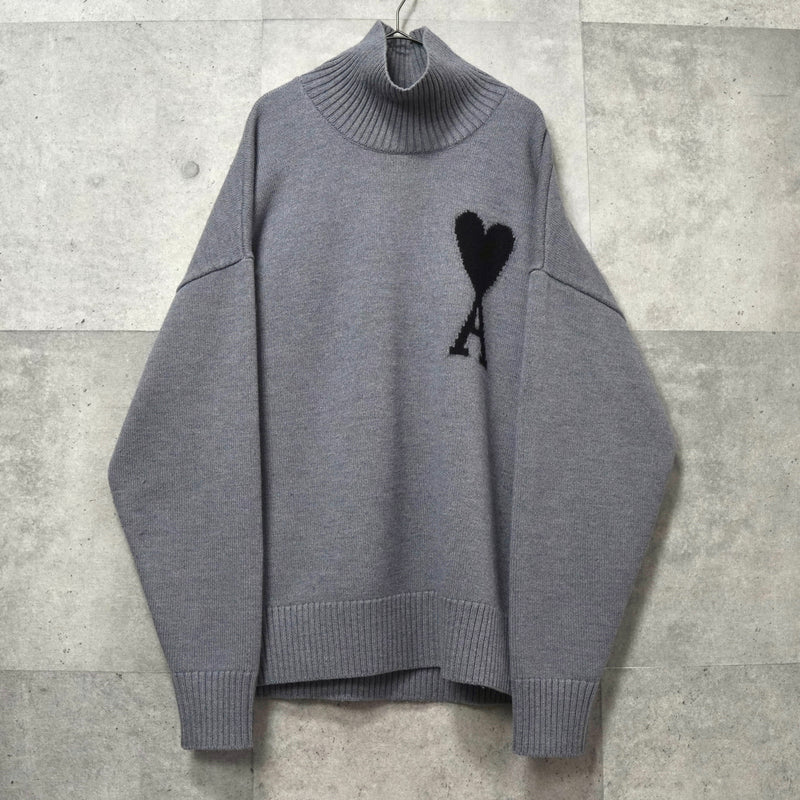 アミパリ アミ パリス ハートロゴ タートルネック ニット グレー