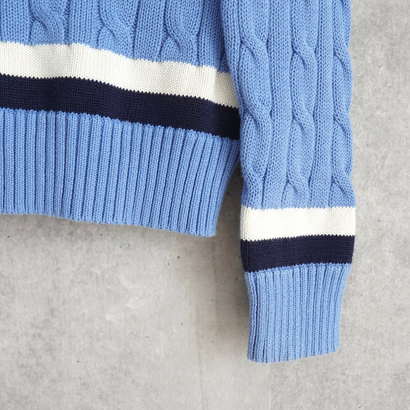 ローレン ラルフローレン ロゴ Vネック ケーブル編み チルデンニット ライトブルー レディース