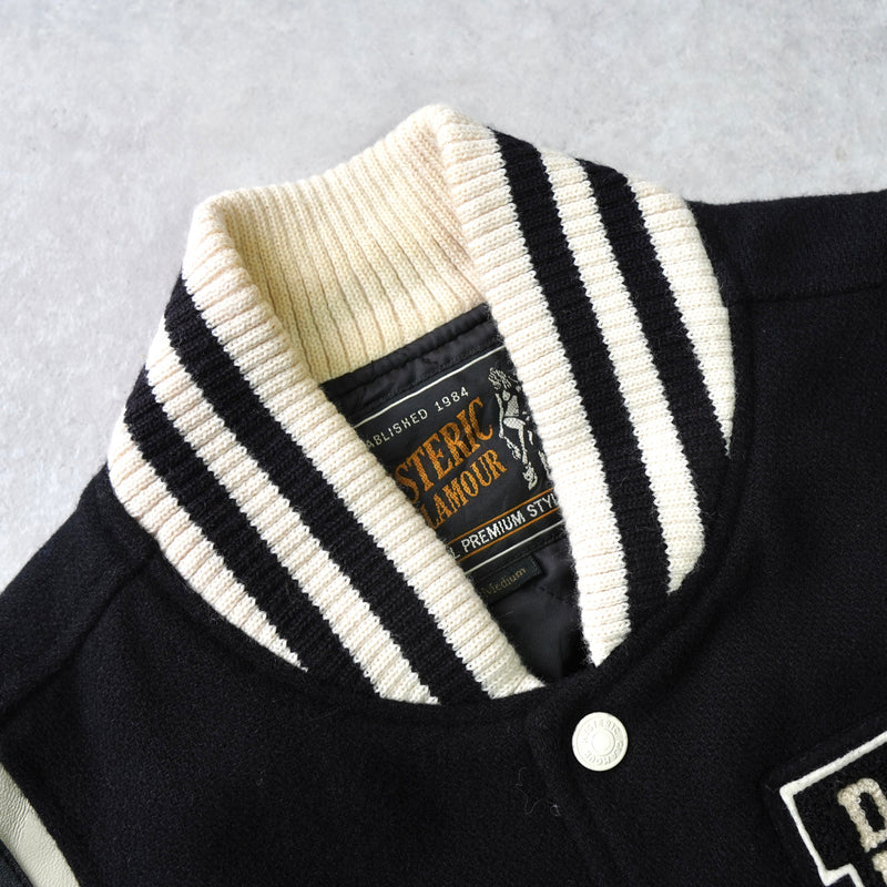 ヒステリックグラマー ガール ワッペン レザー切り替え ウール スタジャン ブラック