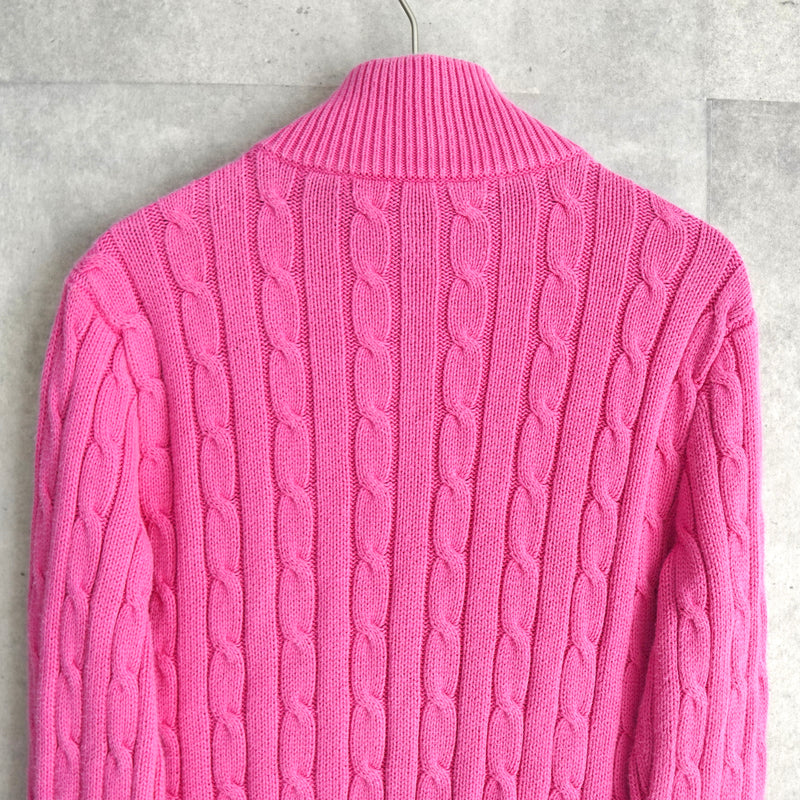 ポロ ラルフローレン スモールポニーロゴ ケーブル編み フルジップ ニット ピンク レディース