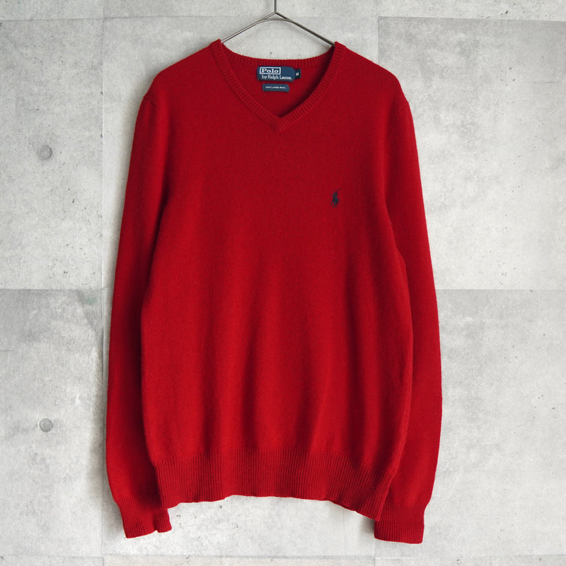 ポロ ラルフローレン Vネック スモールポニーロゴ ウール ニット レッド