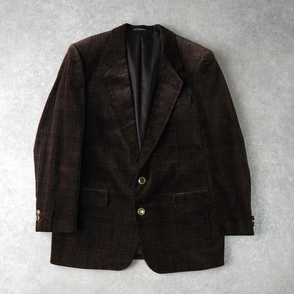 イヴサンローラン ヴィンテージ YSLロゴ ボタン チェック柄 ベロア テーラードジャケット ブラウン