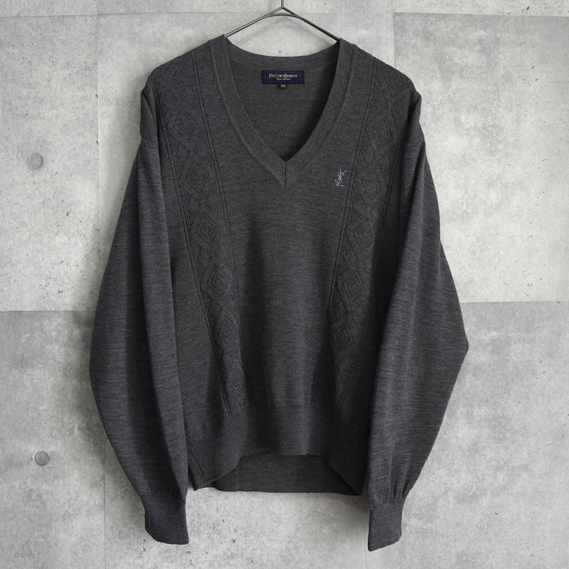イヴ サンローラン ヴィンテージ Vネック YSLロゴ ニット グレー