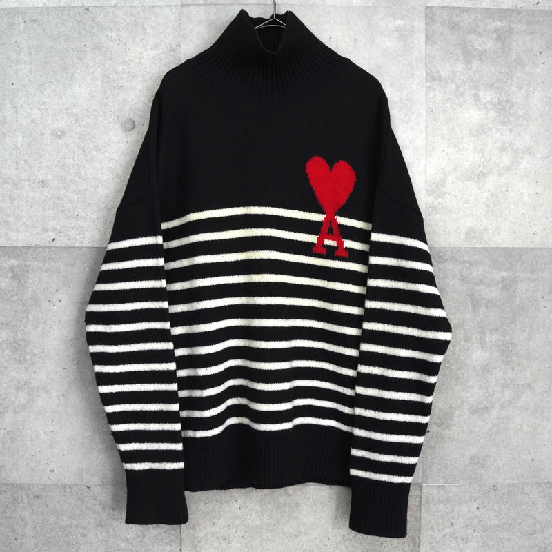 アミパリ アミ パリス ハートロゴ ボーダー タートルネック ニット ブラック / ホワイト