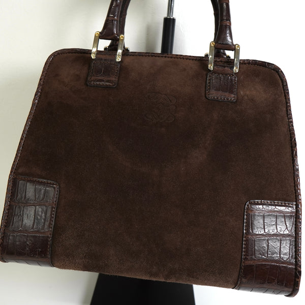 ロエベ アマソナ28 スエード / クロコ ハンドバッグ ブラウン