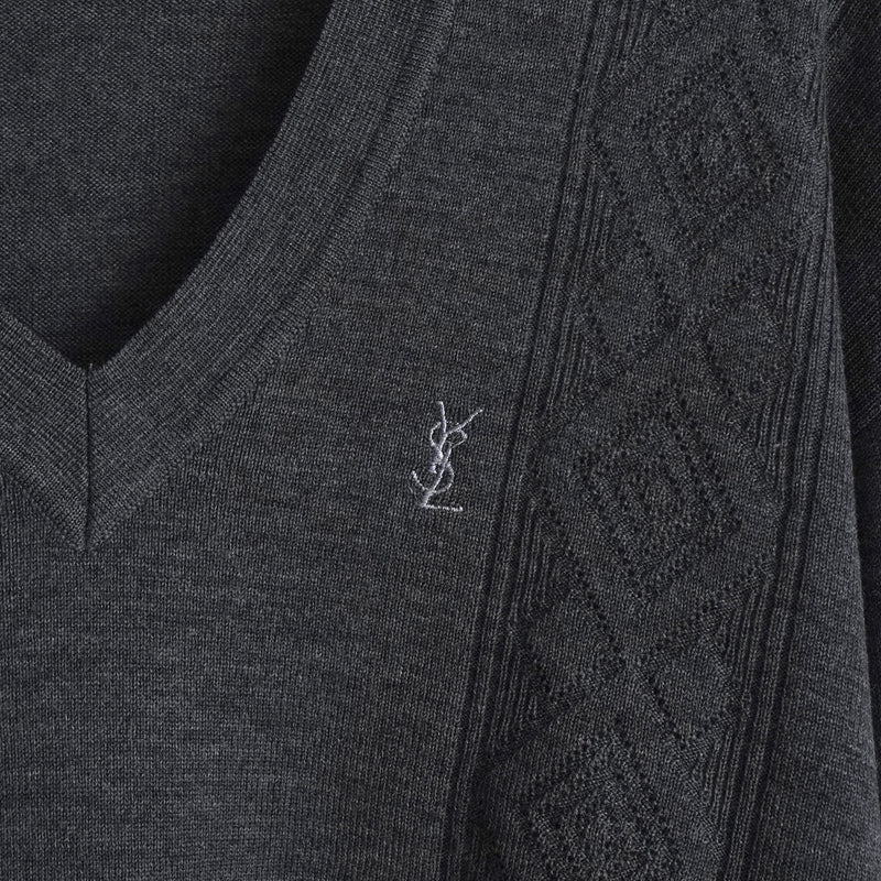 イヴ サンローラン ヴィンテージ Vネック YSLロゴ ニット グレー