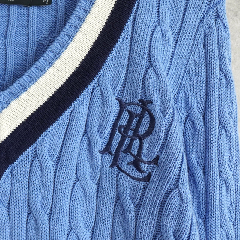 ローレン ラルフローレン ロゴ Vネック ケーブル編み チルデンニット ライトブルー レディース