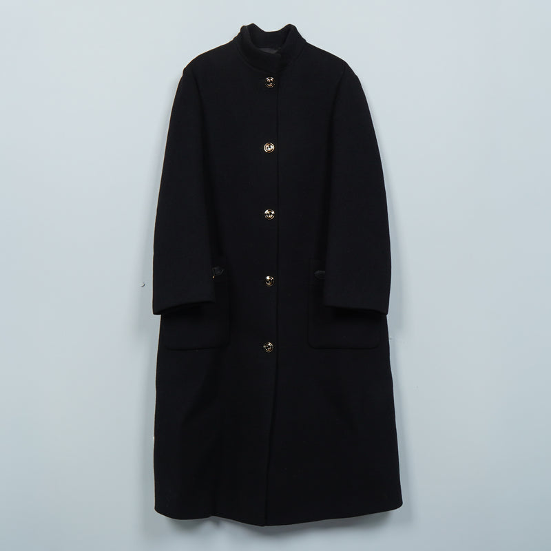 グッチ ホースビット ゴールドボタン マオカラー ウール ロングコート レディース ブラック