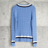 ローレン ラルフローレン ロゴ Vネック ケーブル編み チルデンニット ライトブルー レディース