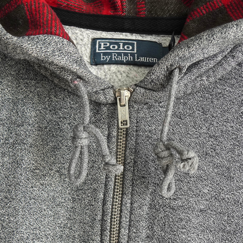 ポロ ラルフローレン スモールポニーロゴ チェック柄 フルジップ パーカー グレー