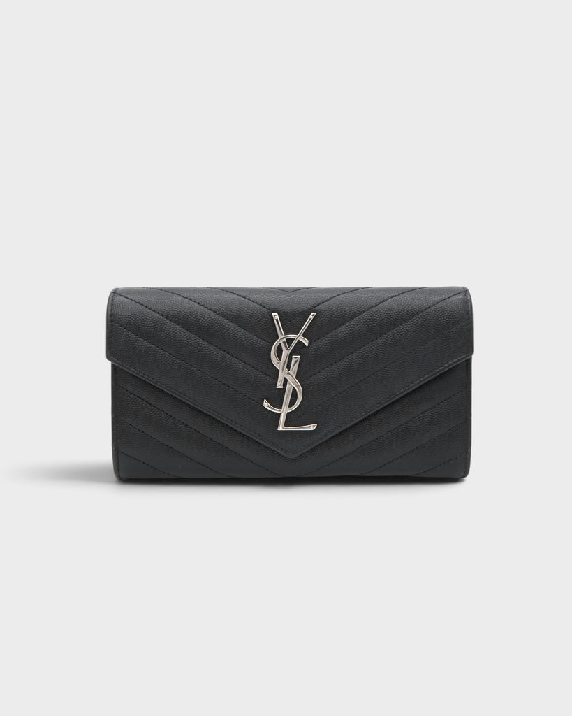サンローラン YSLロゴ Vステッチ キャビアスキン 二つ折り長財布 ブラック