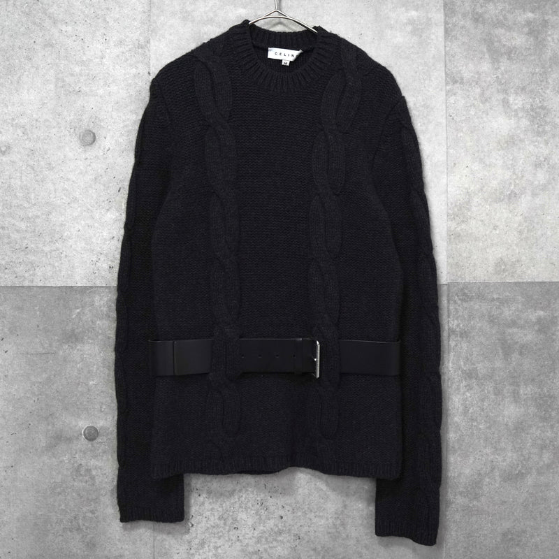 セリーヌ ヴィンテージ カシミア ケーブル ニット レディース チャコールグレー レザー ウエストベルト付き