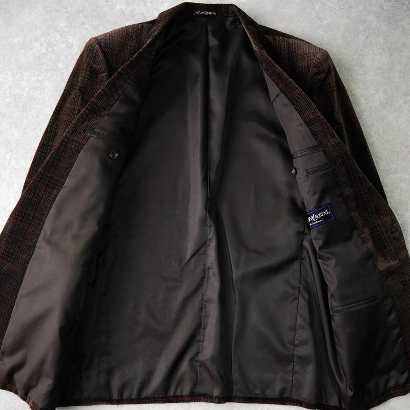 イヴサンローラン ヴィンテージ YSLロゴ ボタン チェック柄 ベロア テーラードジャケット ブラウン